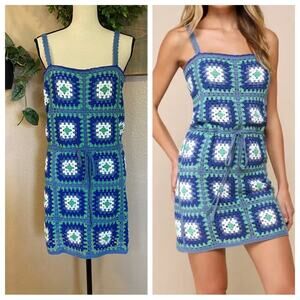 NWOT Lulus Trendsetting Charm Blue Crochet Lace-Up Sleeveless Mini Dress